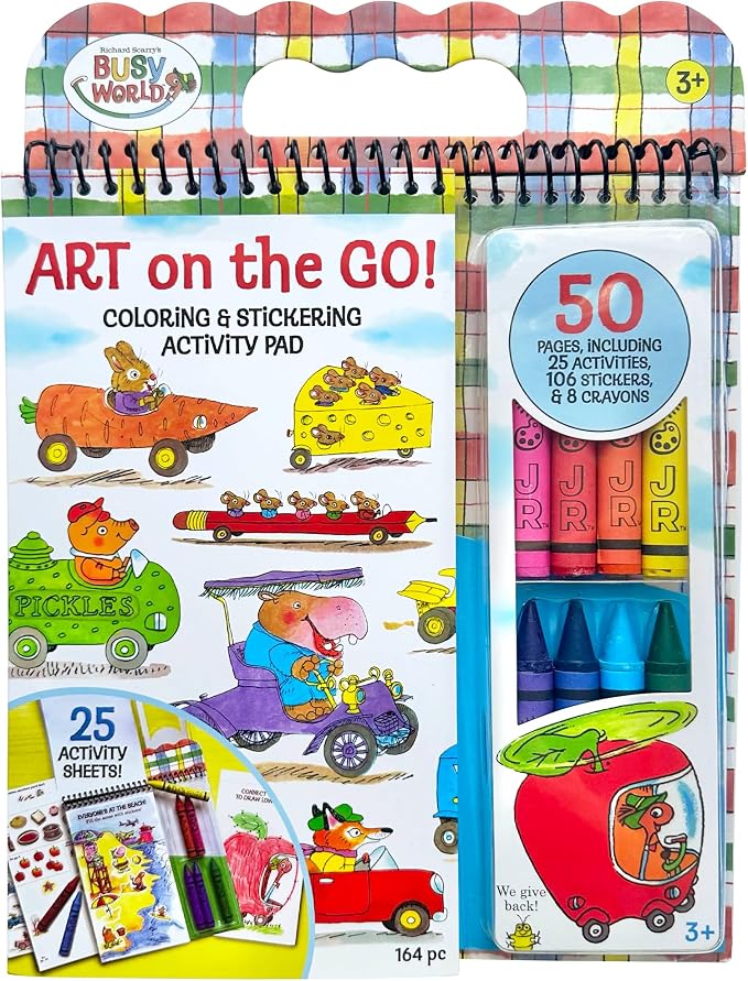 Bright Stripes Richard Scarry Art on the Go Travel Coloring Kit, Ages 3+ | Sticker activity set with crayons, screen-free creative play designed to entertain little ones and older preschool children