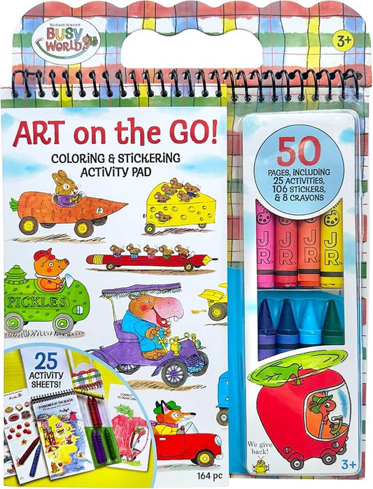 Bright Stripes Richard Scarry Art on the Go Travel Coloring Kit, Ages 3+ | Sticker activity set with crayons, screen-free creative play designed to entertain little ones and older preschool children
