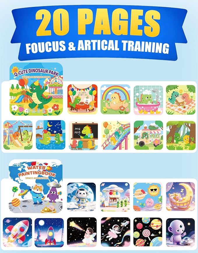 KONLE Reusable Water Painting Book, 20 Pages Dinosaur&Space Coloring Books | Mess Free Coloring Book for Toddlers 1-3, Travel Gift for Boys & Girls, Educational Art Activity, Montessori Art