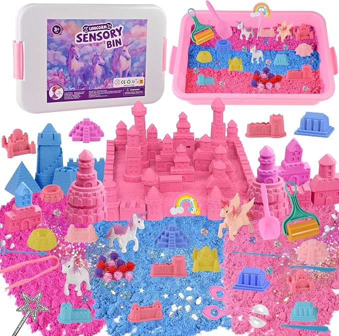Faburo 48Pcs Unicorn Sensory Bin Sand Kit Toy for Toddler Girls 3 Unicorns | Unicorn Toys for Girls Age 4-6, 6 Castle Molds, 2.2Lbs Color Sand, Learning Toys Birthday Gift for Kids Age 3 4 5