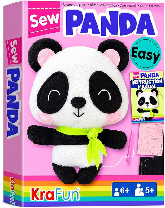 KRAFUN Panda Sewing Kit for Kids Ages 8-12 - No Scissors No Glue | Pre-cut & pre-punched felt. Child-safe needle included. Sew your own plush panda. Beginner craft gift for girls & boys