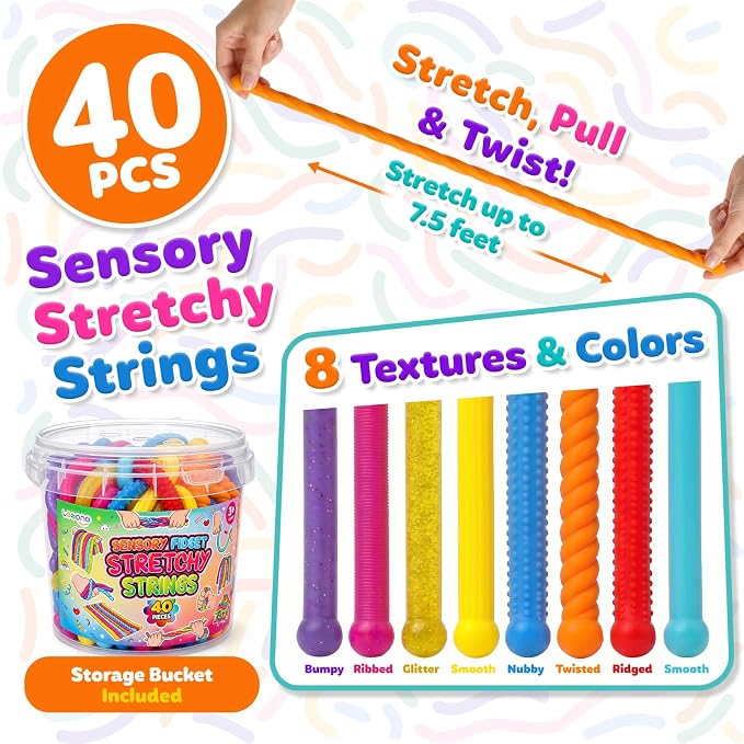 Fidget Sensory Toys for Kids, 40 Pack Textured Sensory Stretchy Noodles, Calm Down Stress Toys for Autism ADHD, Quiet Fidgets for Classroom Prizes, Party Favor Gifts, Travel Toys, Adults Desk Fidgets