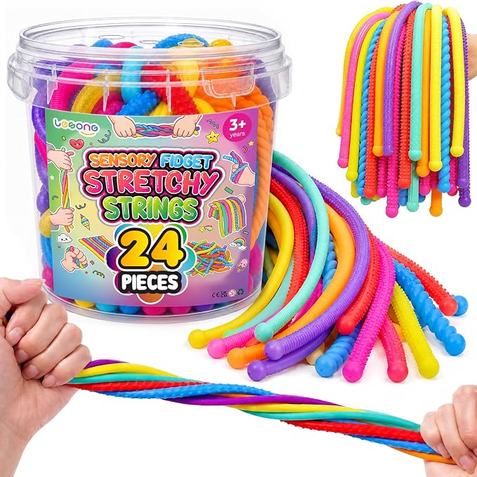 Fidget Sensory Stretchy Toys for Kids, 24-Pack Textured Stretch Noodles with Storage Bucket, Sensory Toys for Autism Stress Relief, Quiet Calm Down Gifts for Classroom Prizes Party Favors, Travel Toys