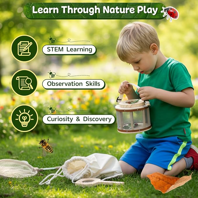 GAGAKU Wooden Bug Catcher Kit for Kids 4-8, Outdoor Explorer Set with Expandable Butterfly Net, Magnifying Glass, Tweezers, Educational Catching Toy for Backyard Camping, Gift for Boys Girls
