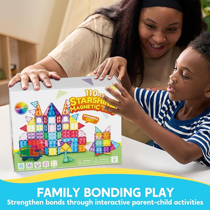 SYNCFUN 110PCS Magnetic Building Tiles - 3D Magnet Tiles with Vehicle - Construction Blocks Set for Kids - STEM Sensory Learning Educational Toys Birthday Gift for 3 4 5 6 7 Year Old