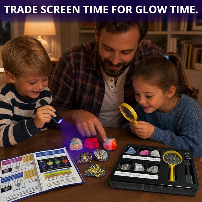 PIBEX Fluorescent Rock Science Kit, 6 Glowing Rocks, with UV Flashlight | 365nm UV Reactive Minerals ~1.5" Each, Fluorescence Experiment, Light-up Science Toy, STEM Geology Gift for Kids Ages 6-8-12