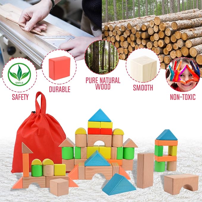 Migargle Large Wooden Building Blocks Set - Educational Preschool Stacking Toys with Storage Bag, Toddler Gifts for Boys Girls Ages 3+