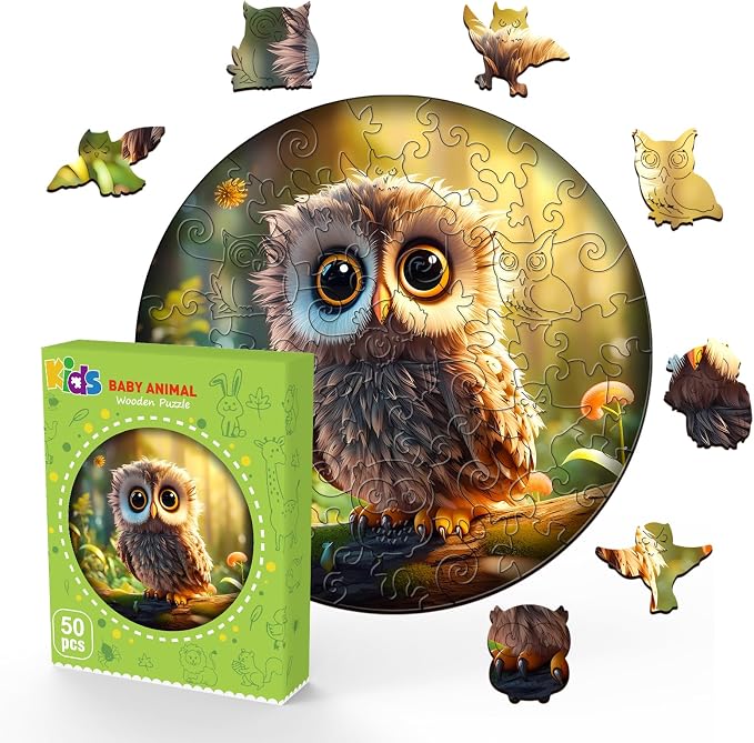 Wooden Puzzles for Kids Ages 6-8 - 50 Pieces Cute Owl Puzzle - Unique Animal Shaped Puzzles Ages 5-8 - Birthday Gift for Kids(11.4x11.4in)‌