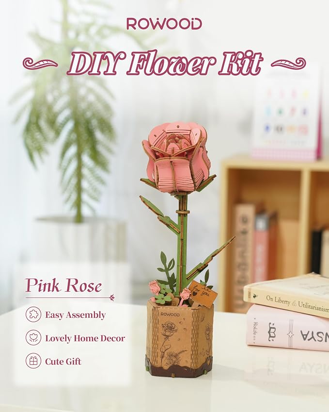 rowood Artifical Flower,Wood Flower Building Toy Set,Mother's Day/Valentine's Day/Teacher's Day/Thanksgiving Day/Christmas/Birthday Gift for Mom/Women/Grandma/Wife/Her-Pink Rose, TW041