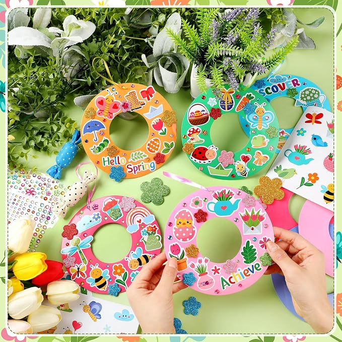 Hollowfly 48 Sets Spring Wreath Craft Kits, 8 Designs | Flower, Bee, Butterfly and Tulip Stickers, 5.9 in Cardboard Wreaths for Group Activities and Party Favors