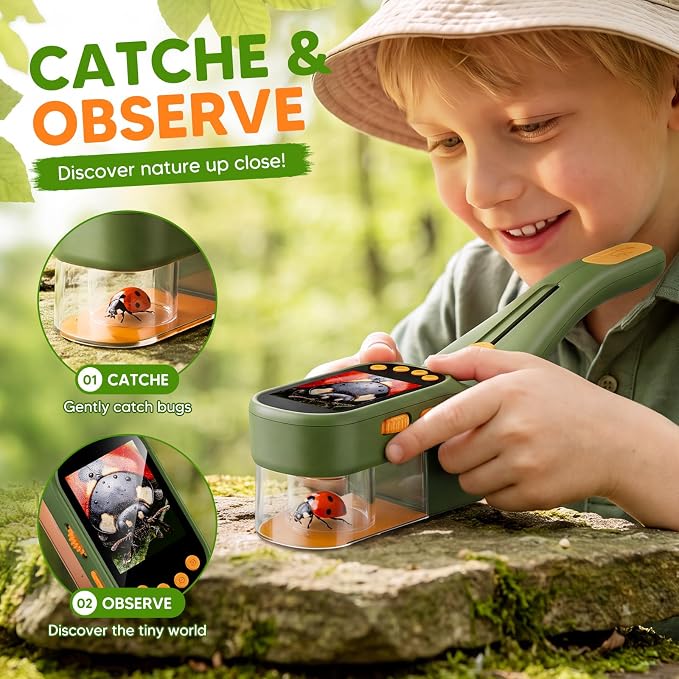 Bug Catcher for Kids with Kids Microscope, 500X Zoom Camera Toy | 9-in-1Handheld Bug Catcher Kit with 2.4" IPS Screen, Photo Video Recording, Led Lights for Outdoor Exploration STEM Toy