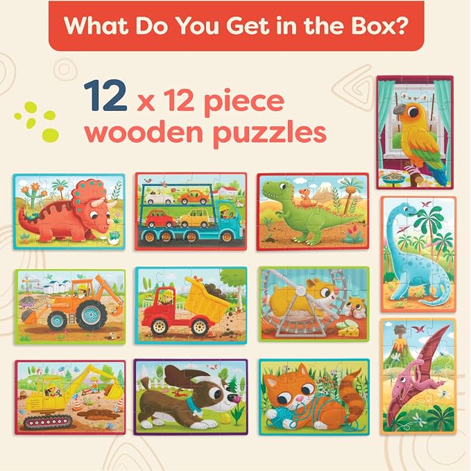B. toys Wooden Jigsaw Puzzle Set, Pack o' Puzzles 3-Pack Storage, 3 Pack | 12 wooden 12-piece puzzles with pets, dinos and trucks in 3 sturdy storage boxes; color-coded backs for sorting; 3+ Years