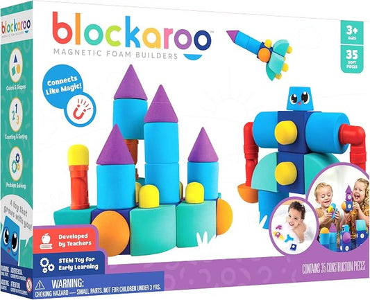 Blockaroo Magnetic Foam Building Blocks 35-Piece Castle Set for Toddlers | Soft Magnetic Foam Blocks, 360-Degree Rotation, Floating Bath Toy, Sensory Play, Dishwasher Safe, STEM Building, Ages 3-5