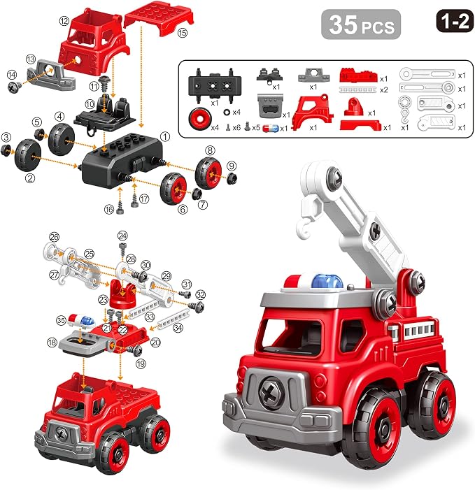 4-in-1 Take Apart Toys Truck with Electric Drill, DIY Assembly Fire Truck | Toy Vehicles, Kids STEM Building Educational Cars Toys, Birthday Gifts for Age 3 4 5 6 7 8 Years Old Boys Girls