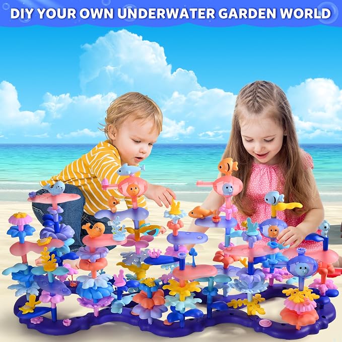 Doloowee 156Pcs Marine Coral Flower Garden Building Toys for Girls Age 3-8 | 156pcs BPA-free marine coral & ower garden building toys in a storage box. Screen-free STEM gift for girls ages 3-8.