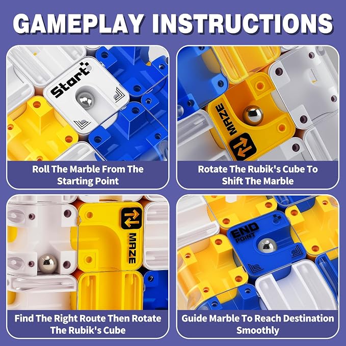 3D Maze Cube Ball Puzzle Brain Teaser for Adults & Kids, Educational Learning Toys Logical Thinking, Family Board Games Tabletop, Durable Puzzle Cube (White&Blue&Yellow, 2.7x2.7x2.7)