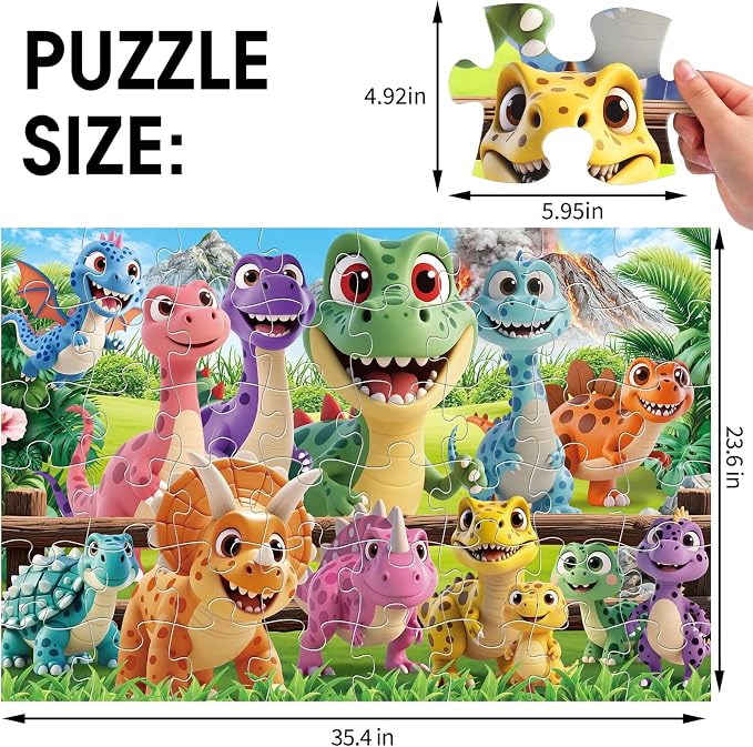Jumbo Floor Puzzle for Kids,48 Piece Cartoon Dino Jigsaw Puzzle Ages 3-8 | Dinosaur Theme,Extra-Large Thick Pieces Fit Little Hands,35x24 in Completed，Preschool Gift for Boys and Girls Ages 3-8