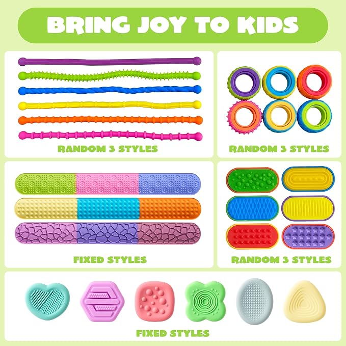 JOYIN 18 PCS Silicone Fidget Toys Set, Quiet Silicone Sensory Toys for Kids & Adults, Stress Relief Pack with Sensory Stones, Fidget Rings, Push Boards, Stretchy Strings & Textured Wristbands