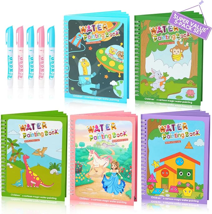 CMTOOP 5 Pack Water Coloring Books for Toddlers 1-3 - Mess Free Painting for Kids & Reusable Magic Water Activity Book - Aqua Art Travel Toys & Educational Arts and Crafts Gifts for Boys Girls Age 2-4