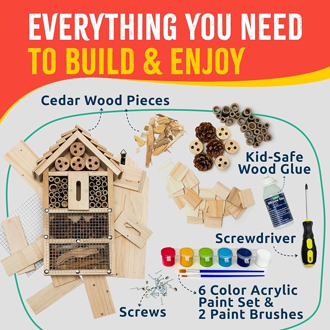 Premium Bug Hotel Kit for Kids, Easy Wood Bug House Kits | Bug House for Kids with Tools, Paints & Glue, Insect Hotel Kit, Fun Wood Building Kits, Birthday Gifts for Girls and Boys