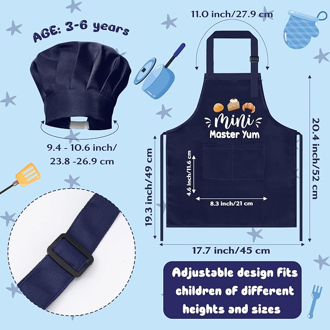 Kid Apron and Chef Hat Set - 2Pcs Dark Blue Mini Master Adjustable Children Kitchen Toddler Apron with Pockets for Kids, Funny Dress up Pretend Play Toy Birthday Gift for Cooking Baking Painting