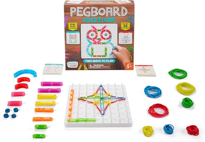 Chuckle & Roar Pegboard Creations Geoboard Set – 2-in-1 Peg Pieces & Rubber Band Art Board, Includes 25 Double-Sided Challenge Cards (50+ Designs), Creative STEM Activity for Kids Ages 5+