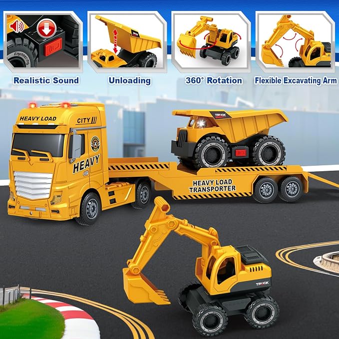Bstoyder Toddler Boy Toys for 3 4 5 6 7 Years Kids, 25" Semi Construction Carrier Truck Toy with Excavator and Dump Truck, Friction Powered Toys with Lights and Sounds, Birthday for Boy Girls