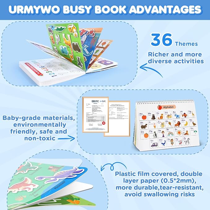 Busy Book for Toddlers 3-5, 36 Montessori Preschool Learning Activities | 36 Activities with Matching, Tracing and Coloring, Plus 8 Markers and 184 Stickers for Travel, Homeschool and Quiet Time