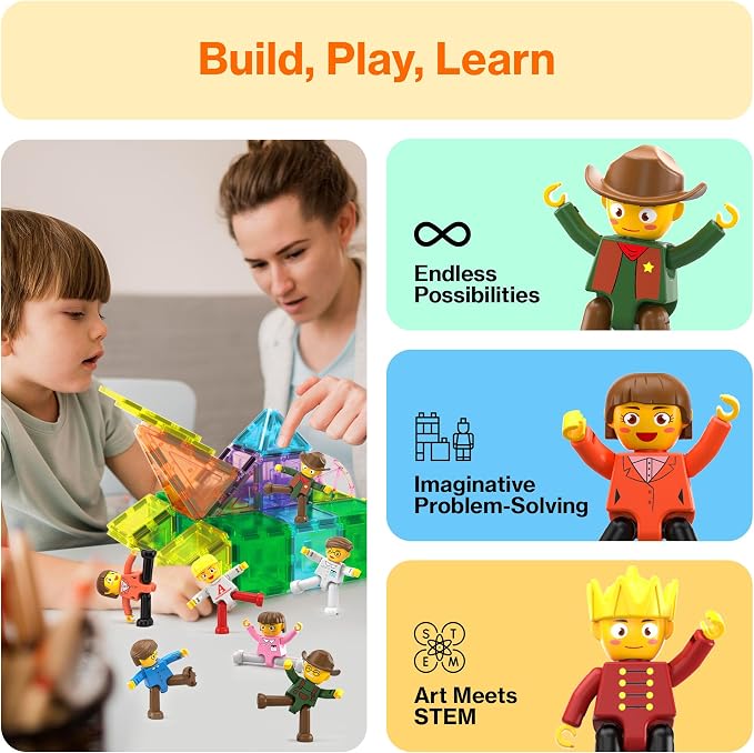 PicassoTiles Magnetic Figure Playset 15 PCS Rotatable Characters Toys for Kids Add On Set for Building Block Tiles Toddlers Sensory Pretend Play Travel Gift