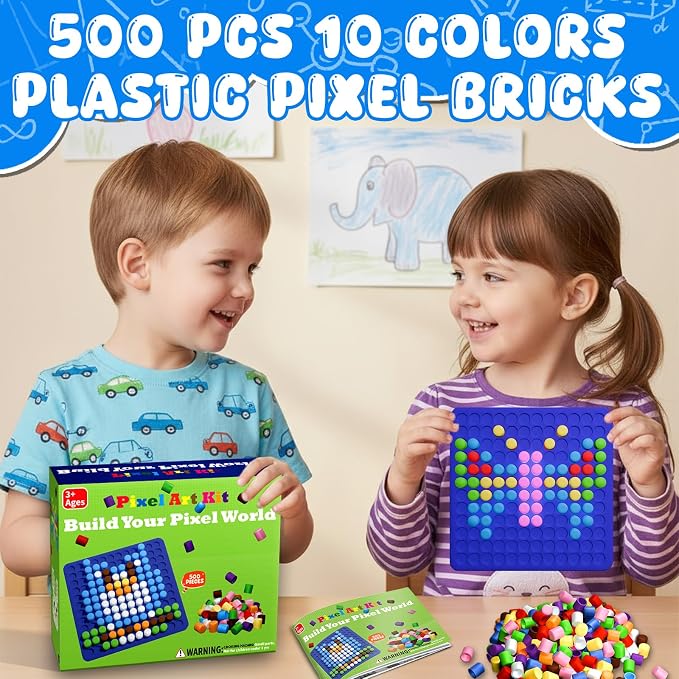STEM Toys Pixel Art Kit for Kids, 500 Pcs 10 Colors Pixel Bricks Challenge Fine Motor Skills Game Educational Science Kits Learning Toys for Math Manipulatives Sensory Bin Sorting Counting Training