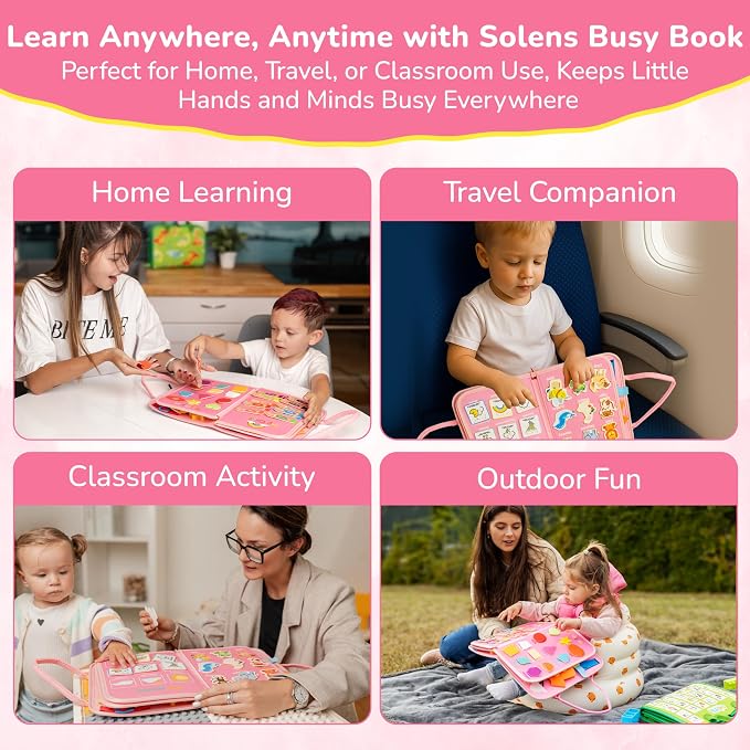 Solens Busy Book for Toddlers, Montessori Busy Board with 25+ Activities on 8 Pages and 3D Assorted Puzzles, Felt Activity Book with Numbers, Colors, Daily Life and Fine Motor Learning, Pink (Pink)