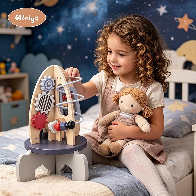 Wdmiya Space Wood Activity Cube Toy for Baby, Montessoritoys for 1 Year Old | Boy & Girl Birthday Gifts, Sensory and Educational 1st Birthday Gifts, Busy Board Toys for Baby Boy 6-18 Months (Rocket)