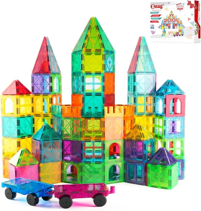 Bmag 130PCS Magnetic Tiles Building Blocks with 2 Cars | 3D Clear Magnet Blocks | STEM Preschool Toys for 3-9+ Kids | Christmas & Toddler Gift | Compatible with Major Brands