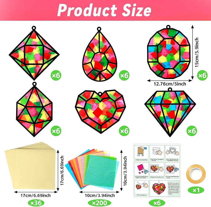 Qyeahkj 36 Set Jewel Suncatchers Crafts for Kids DIY Diamond Window Tissue Paper Craft Kit Jewel Hanging Decor for Summer School Home Activity Art Project Birthday Party Favor Gift