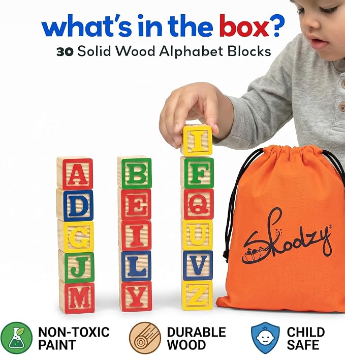 Skoolzy 30 Pc Baby Blocks, Wooden ABC Blocks, Alphabet Learning, 2-5 | Small Wooden ABC Blocks for Toddlers 2-5 - Alphabet Learning & Building Toys, Educational