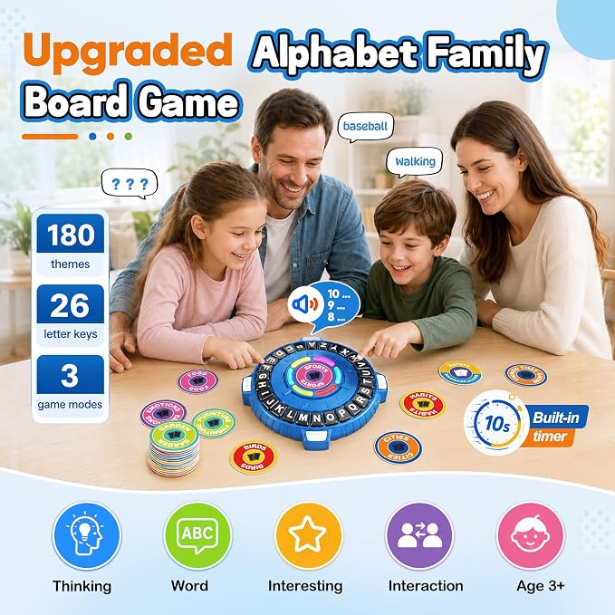 Word Game Family Board Games,3 Modes,180 Topics, Fast-Paced Letter Game | Light-Sensing Fast 26-Letter Race Game with Timer for Kids & Adults, 2-6 Players, Perfect for Party, Game Night, Camping
