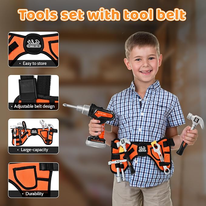 Kids Tool Set 49 PCS, Portable Tool Bag with Battery Powered Toy Drill & Adjustable Belt, Pretend Play Toddler Tool Set, Construction Toys for Boys & Girls Age 3-8, STEM Gifts