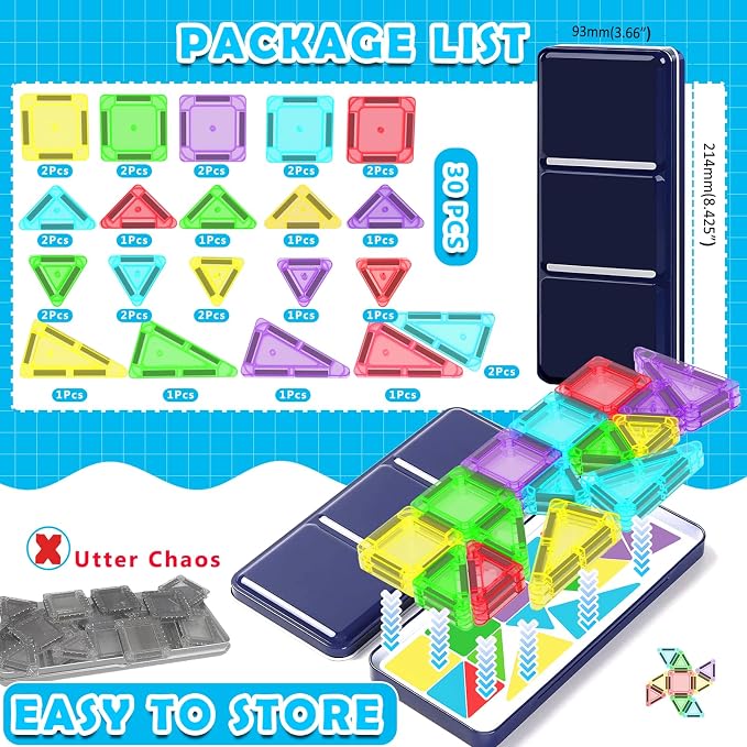 Mini Magnetic Tiles Travel Set with Case 30pcs, Magnet Travel Toys | Portable Mini Size Magnetic Tiles for Kids Ages 3-5 4-8 Boys Girls, STEM Magnet Toys for Outdoor, Gifts for Toddlers