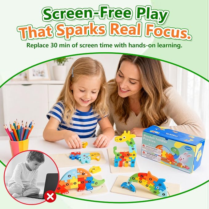 7 Pack Wooden Puzzles for Toddlers 3-5, Montessori Animal Puzzles | 70 pieces, with Numbers 1-10, CPC certified, for 3 4 5 Years Old, Preschool Learning Educational Toys, Boys Girls Gift