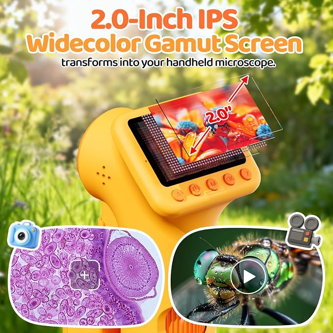 1600X Microscope for Kids, 2.0" Screen Kids Microscopes with Slides Kit Microscope for Toddlers Christmas Birthday Gifts Toys for 3-14 Year Old Children Students (Yelllow)