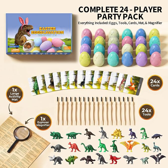 24 Pack Colorful Dinosaur Eggs, Excavation Kit with Learning Cards | STEM Science Toy for Kids, Easter Basket Stuffers, Party Favors, Birthday Gifts Classroom Activities for Boys Girls Age 3+