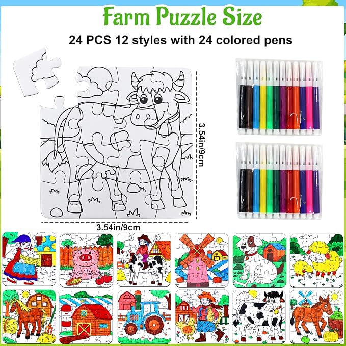 24 Sets Farm Animals Toddler Puzzles Ages 2-4 Bulk, Farm Party Favors Crafts DIY Paper Jigsaw Kit with Cow Dog Sheep, Fall Art Coloring Blank Puzzle for Classroom Gift Birthday Fun Games Toys Supplies