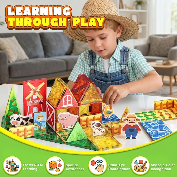 3 Otters 42PCS Magnetic Tiles Set, Building Blocks with Farm Animals | Magnet Toys for Kids, Preschool Learning, Spatial Awareness, Shape Recognition, Classroom Must Haves, Birthday Gifts