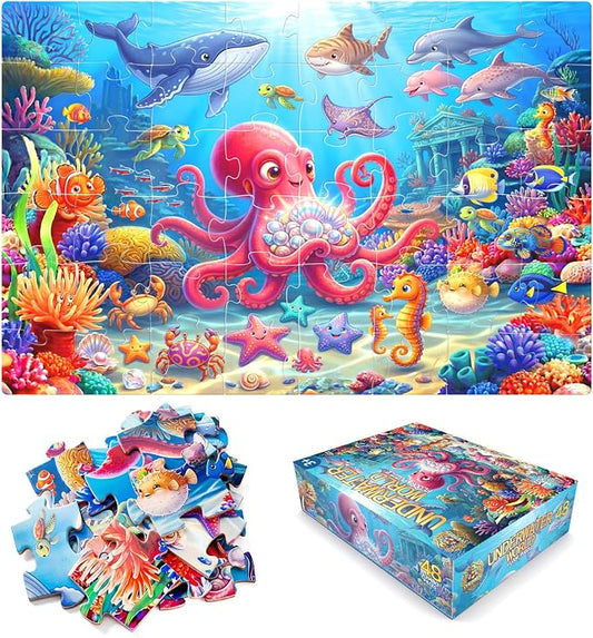 Jumbo Floor Puzzles for Kids Ages 3-5 48 Piece Ocean Educational Toy | Featuring octopus whale shark and dolphin for 3 4 5 6 7 8 year old boy and girl learning and indoor family play time