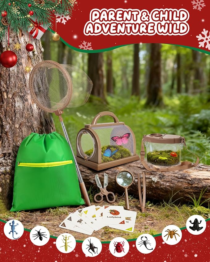 Bug Catcher Kit for Kids Outdoor Explorer Kit with Insect Cage, Observation Box, Magnifying Glass, 8 Toy Bugs, Net & 10 Cards, STEM Educational Toys Gifting for Boys & Girls Ages 3+