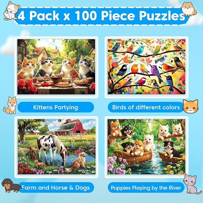 4 Packs 100 Piece Puzzles for Kids Ages 4-6 6-8 8-10, Cats Birds Farms Dogs Jigsaw Puzzles Educational Kids Puzzles 5-8 Gifts for Girls Boys Adults Seniors 15x11in