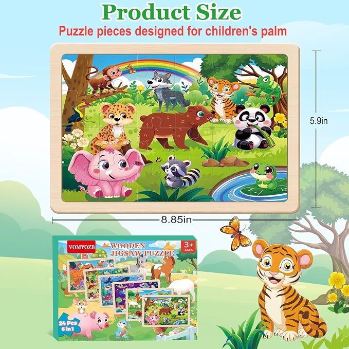 Wooden Puzzles for Kids Ages 4-6, 6 Packs 24 PCs Wood Dinosaur Animals Jigsaw Puzzles for Toddlers Ages 3-5, Preschool Educational Learning Puzzles Toys Gifts for Boys and Girls