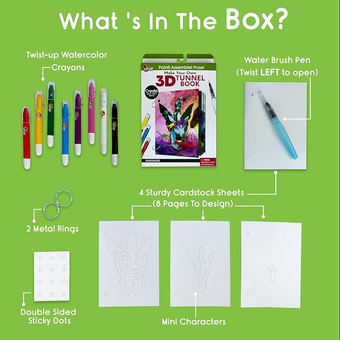 EyeConnect Crafts Dinosaurs Mini 3D Tunnel Book – Hands-on Paper Craft Kit | Build, color & create a pop-in book! Mini animals, watercolor pastels & water brush included. Portable, screen-free fun! 3+