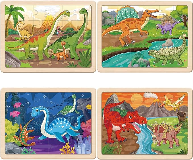 Puzzles for Kids Ages 4-6, 4 x 24 PCs Dinosaur Wooden Puzzles | Dinosaur Puzzles for Toddlers & Kids Ages 3-5, Preschool Educational Puzzles Toys, Birthday Gifts Set for Boys & Girls