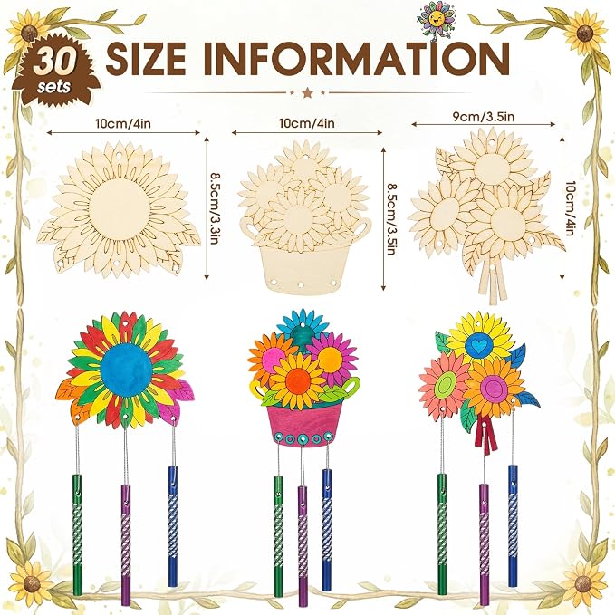 Leinuosen 30 Pcs Wind Chime Kit Make Your Own Sunflower Windchimes for Kids | DIY Windchimes Crafts Decorative Coloring Wooden Crafts for Spring Summer Party Art Activities Garden Home Patio Decorations